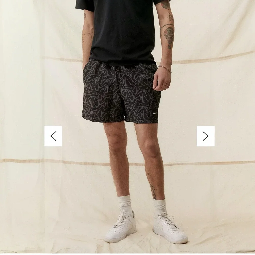 Rare Nike Swim Trunks Men XL Black Swoosh All Over Print Mesh Lined Board Shorts
